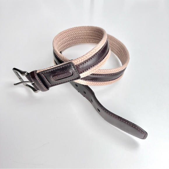Columbia Belt Brown Leather Trim Tan Braided Silver Toned Buckle EUC Mens Preppy - Picture 1 of 8
